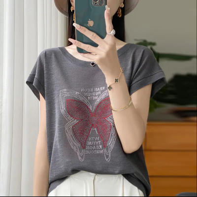 夏季新款纯棉烫钻竹节棉女士上衣