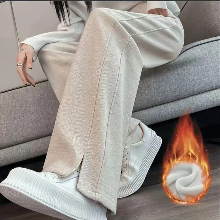 高腰加绒阔腿裤开叉直筒香蕉裤