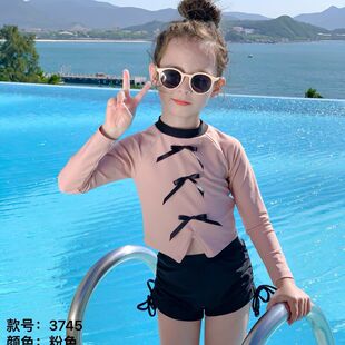 水手宝宝3745儿童泳衣女童可爱蝴蝶结防晒长袖 女孩两件套泳装