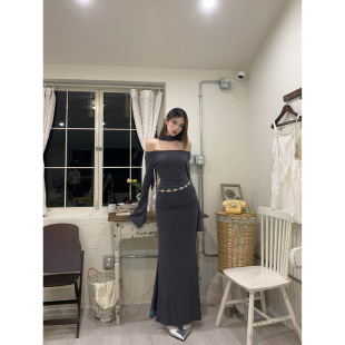 性感纯欲不规则斜肩连衣裙女秋季 遮肉显瘦鱼尾长裙 高级感包臀修身