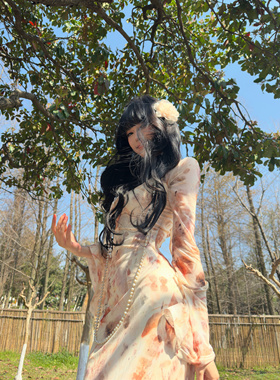 性感纯欲辣妹网纱印花连衣裙女春夏收腰显瘦气质V领碎花长裙