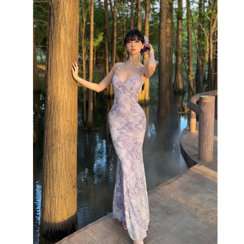 性感露背显瘦紫色包臀鱼尾长裙