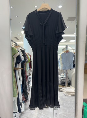雅琪娜R9179系带V领飞飞袖松紧腰小碎花仿真丝鱼尾连衣裙欧货女夏