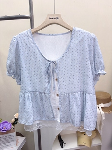 26265波点雪纺假两件女款小衫2026夏季新款娃娃衫下摆荷叶边衬衫