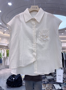 冰怡尔9815款假两件白无袖衬衫女26夏蕾丝口袋设计感小众上衣简约