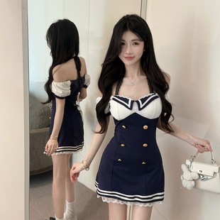 连衣裙夏季 甜美温柔风挂脖撞色泡泡袖 辣妹制服性感包臀A字短裙