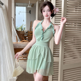 法式 性感露背打底连衣裙女 小众宫廷花苞设计感挂脖连衣裙夏季 新款