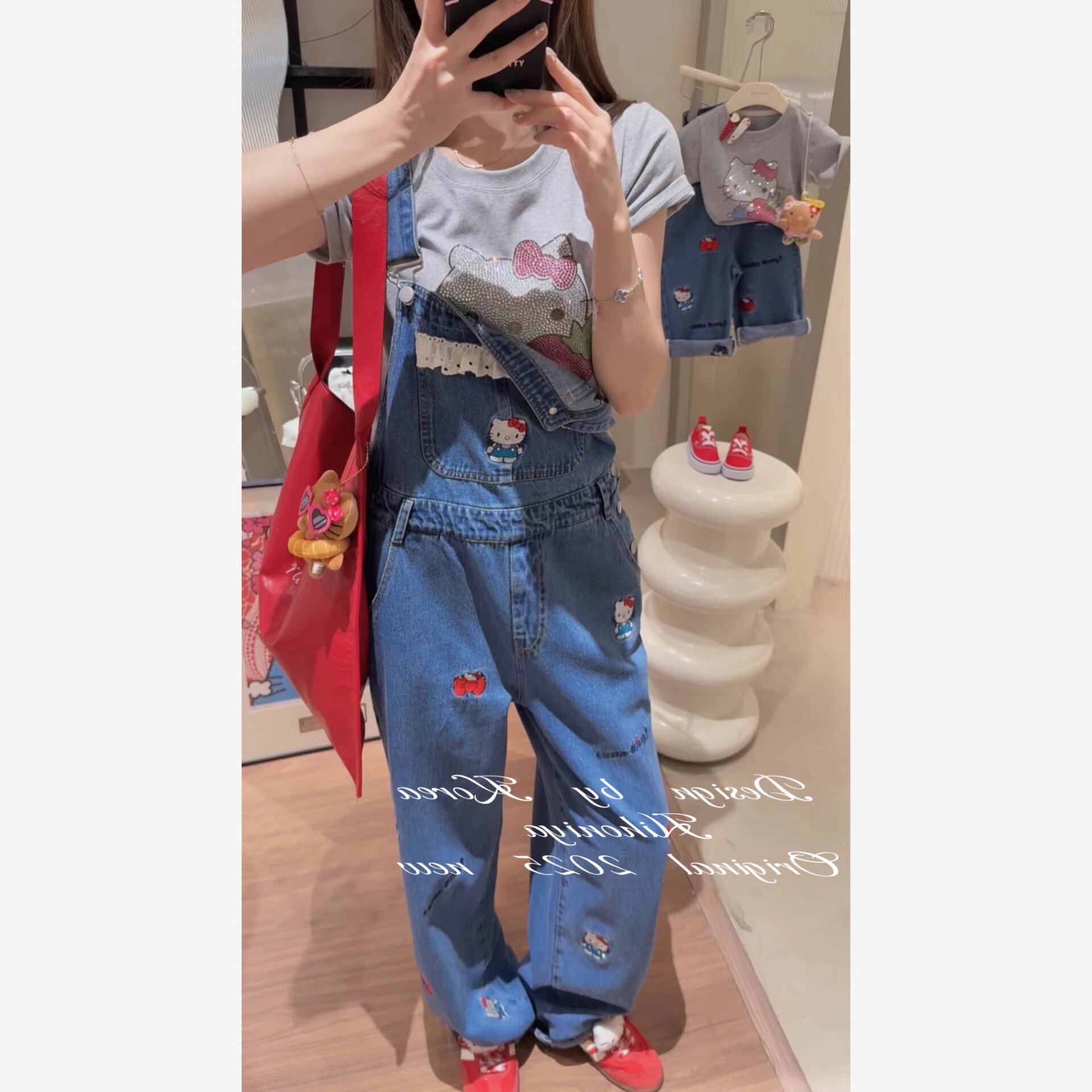 奶系牛仔背带裤女春夏小个子HelloKitty可爱减龄宽松直筒阔腿裤子