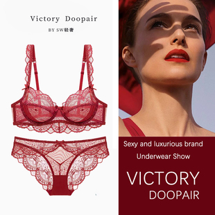 维多利亚文胸法式超薄性感蕾丝内衣女大胸显小透气红色本命年套装