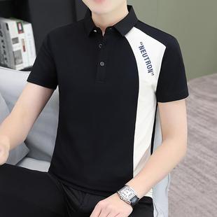 潮牌修身 夏季 韩版 上衣服 拼接撞色字母印花休闲半袖 Polo衫 短袖 男士