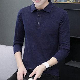 全棉纯色polo衫男2021春秋季新款含棉中青年男士翻领长袖T恤男衫