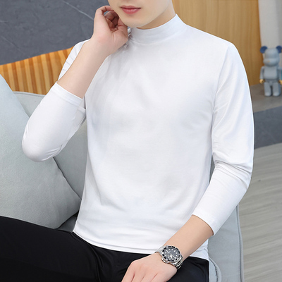 2025新款薄款纯棉中领男士长袖T恤纯色半高领秋衣上衣打底衫内搭