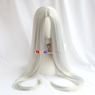 现货 文字化化银发男子cosplay假发头皮顶100CM银色万用中分直发