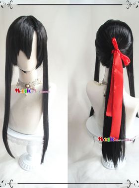 某天成为公主 卢卡斯COS假发 黑色造型单马尾长发有红丝带