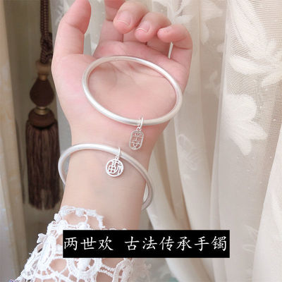 9999纯银古法银镯子女手镯传承简约手环情侣小众设计网红刻字实心