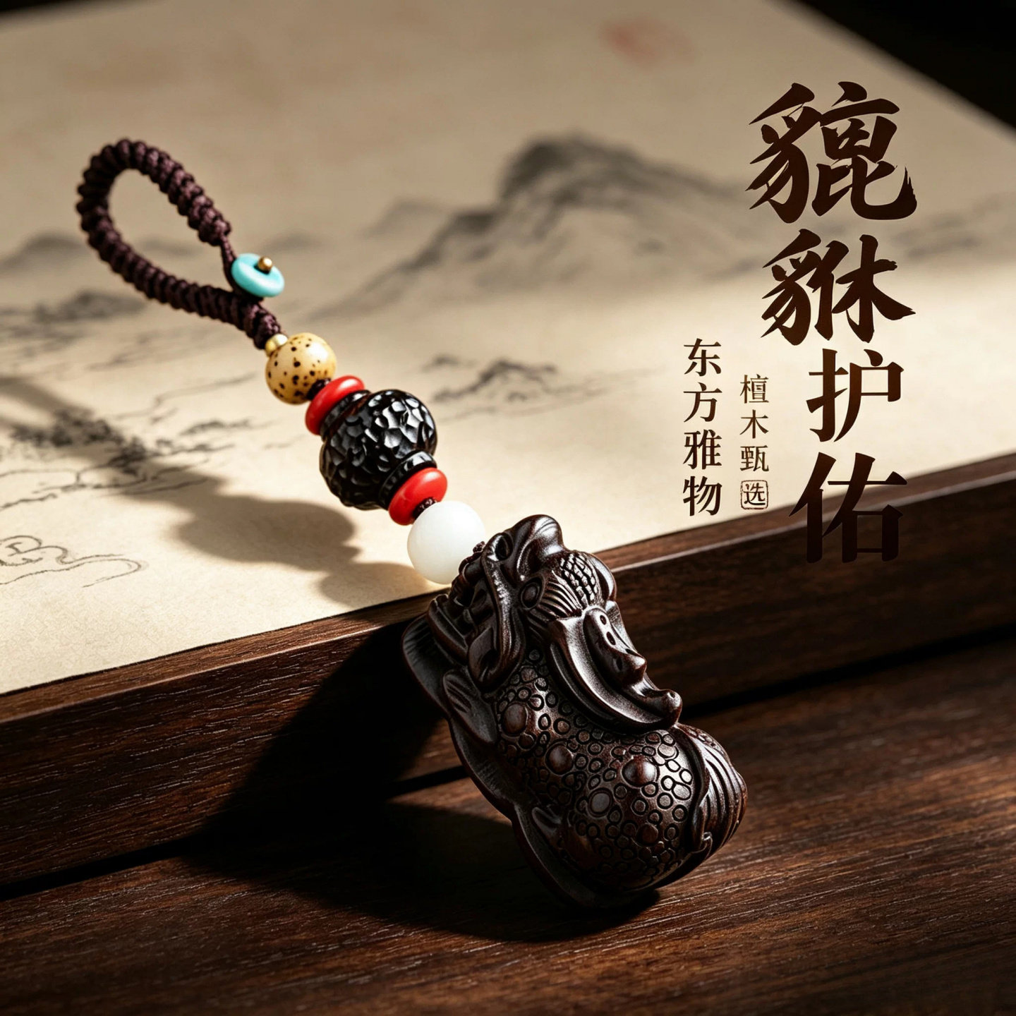 檀木貔貅国风随身把玩钥匙扣挂饰
