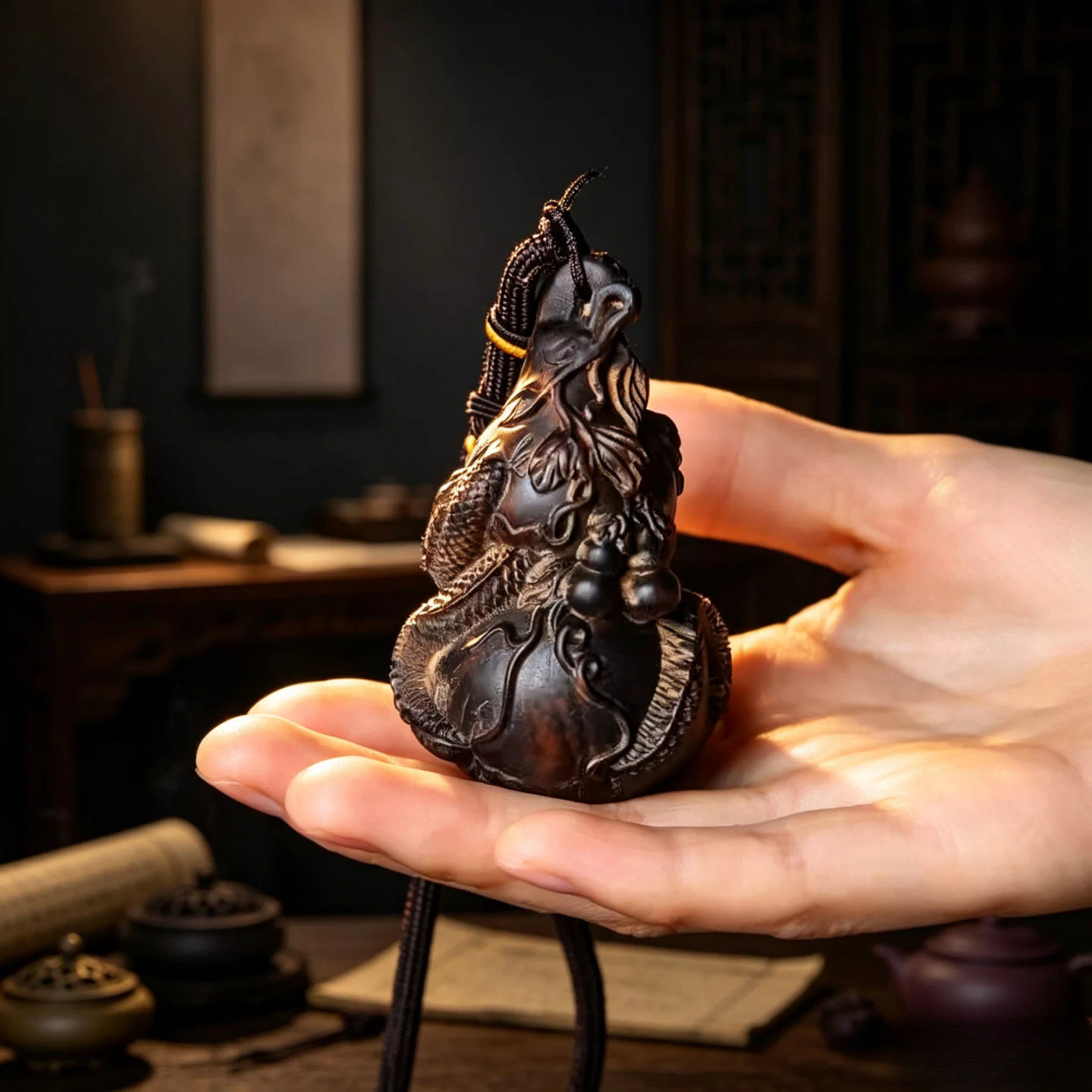 沉香木龙纹葫芦手工雕刻手把件