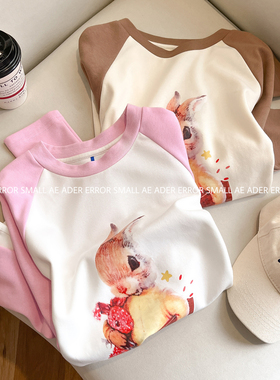 ader error small 秋季新款小兔子长袖T恤女拼接宽松圆领休闲上衣