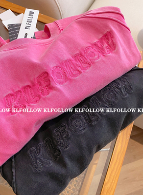 KLFOLLOW重磅做旧长袖T恤春秋情侣oversize宽松打底上衣欧美潮牌