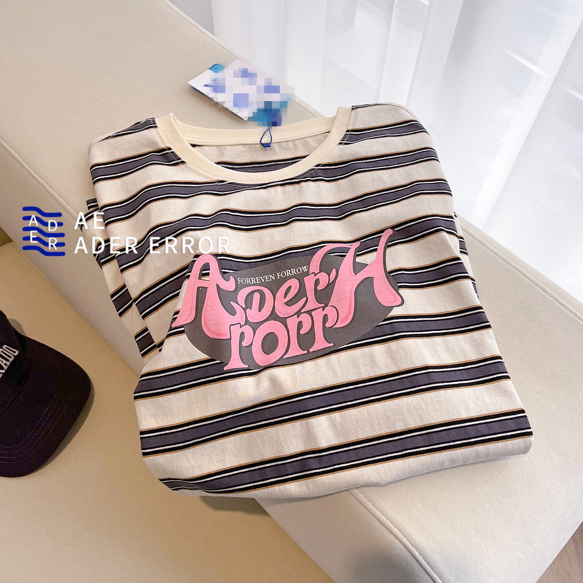正品ader条纹复古字母短袖T恤
