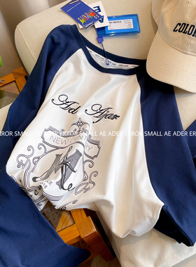 ader error small长袖T恤女春季新款拼接撞色刺绣圆领打底衫上衣