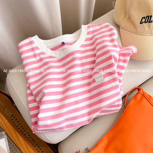 ader error small夏季新款条纹短袖T恤女皮标字母宽松休闲上衣潮