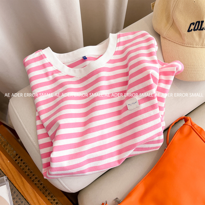 正品ader皮标条纹短袖T恤女宽松