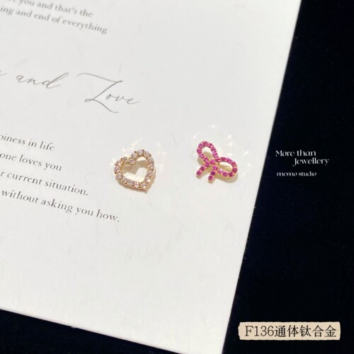 MEMO 怦然心动 满钻爱心蝴蝶结F136钛合金耳钉耳骨钉耳蜗钉 M005