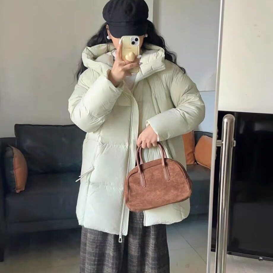收腰超轻棉服外套学院娃娃宽松松连帽羽绒服中长款