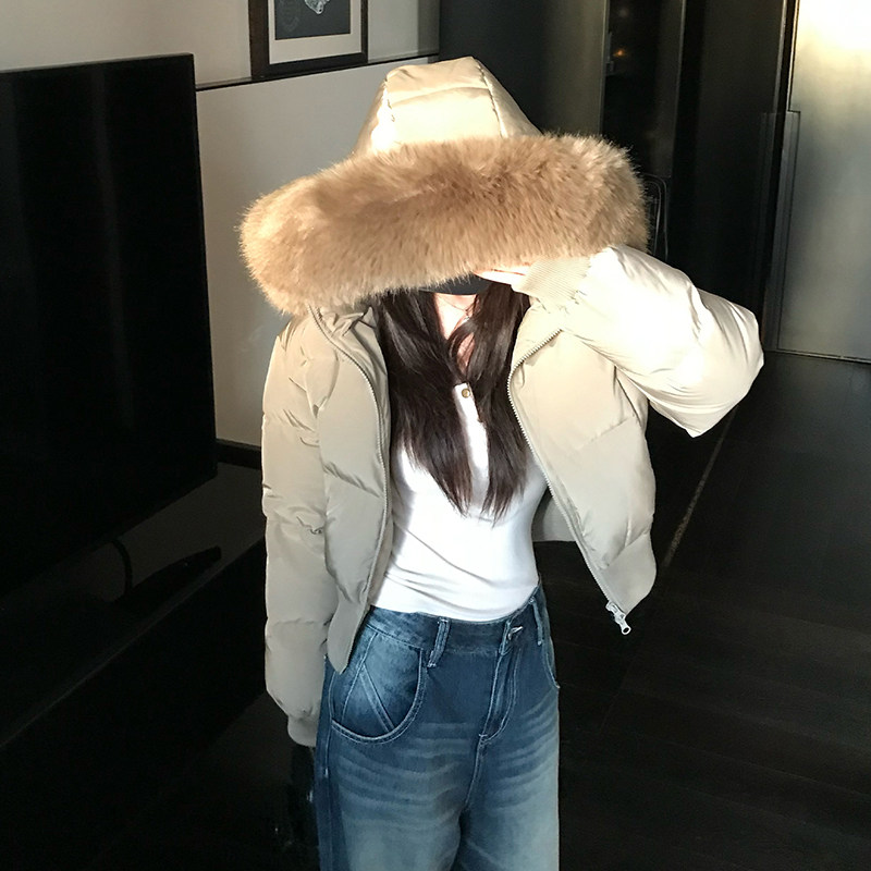 学院风冬季毛领连帽收腰显瘦加厚短款羽绒棉服女
