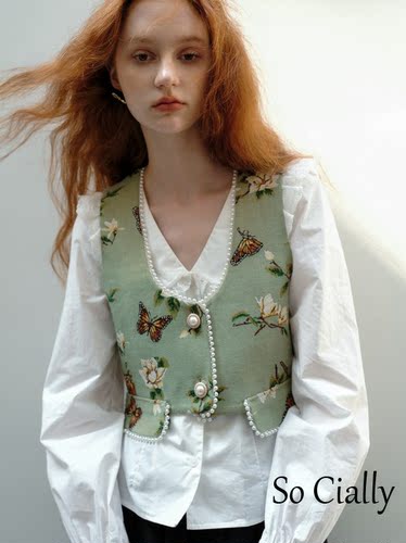 DUNDROP珍珠镶边蝴蝶花朵马夹