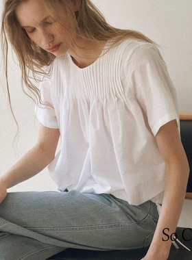 So Cially | URAGO 23夏韩国设计师品牌圆领竖条褶皱宽松短袖雪纺