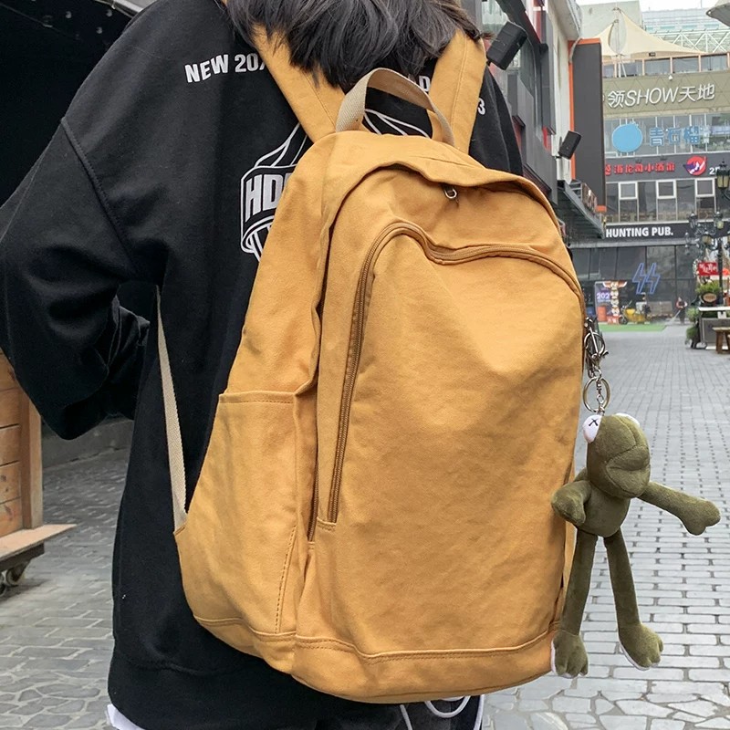 简约纯色帆布双肩包女韩版初高中大学生书包16寸大容量电脑背包男