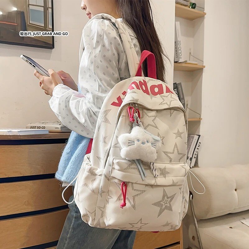 星星印花双肩包女生初高中学生书包大容量高颜值轻便校园旅行背包