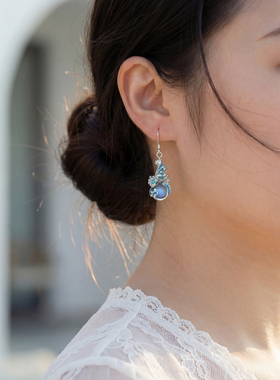 海浪s999足银蓝色月光石纯银耳钩原创小众文艺复古珐琅耳饰女礼物