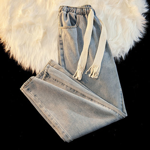 薄款 美式 复古牛仔裤 男夏季 子 编织绳宽松直筒阔腿潮流炸街痞帅长裤