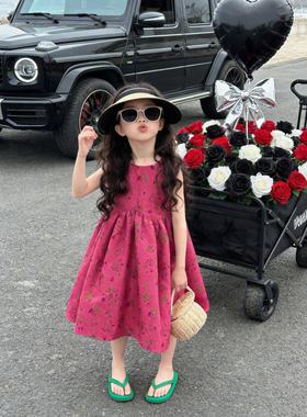 2026夏季新款女童连衣裙儿童洋气公主裙宝宝无袖背心玫红碎花裙子