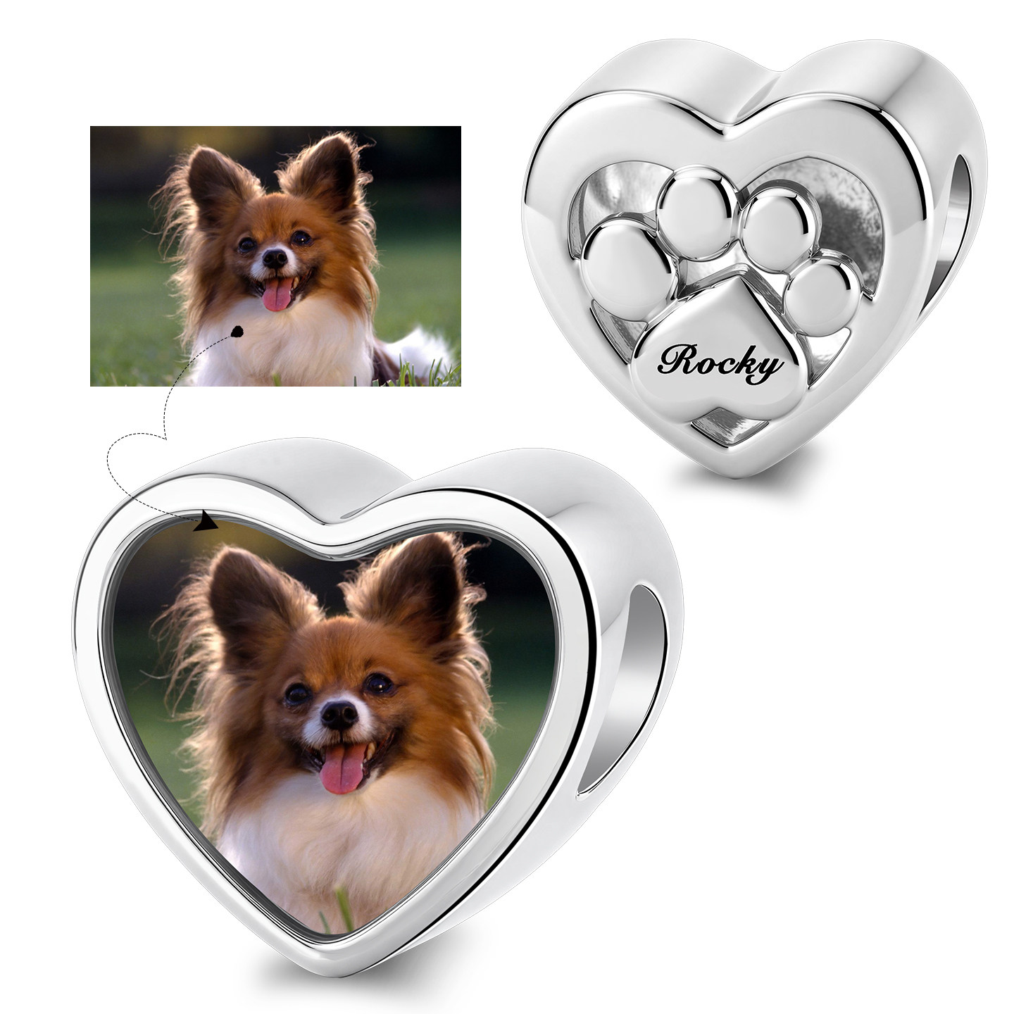 925银宠物狗爪印照片定制爱心散珠子刻字DIY手链配饰宠物纪念礼物