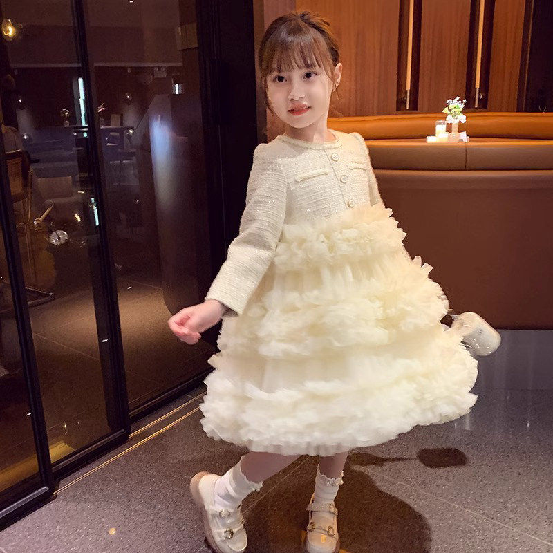 女童秋冬连衣裙小女孩时髦洋气蛋糕裙中小童小香风拼接网纱公主裙