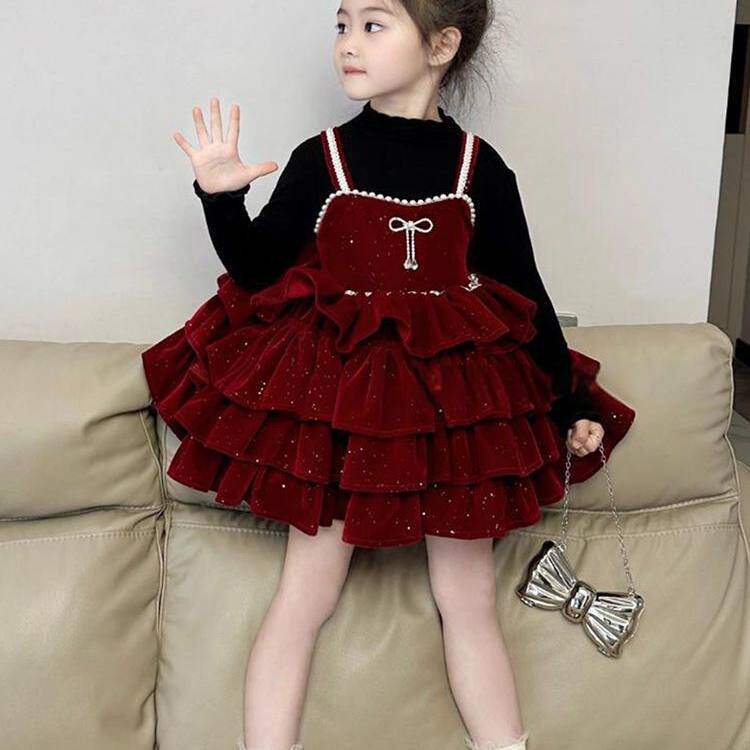 儿童韩版连衣裙2025秋冬女童丝绒吊带蛋糕裙小女孩红色闪闪公主裙