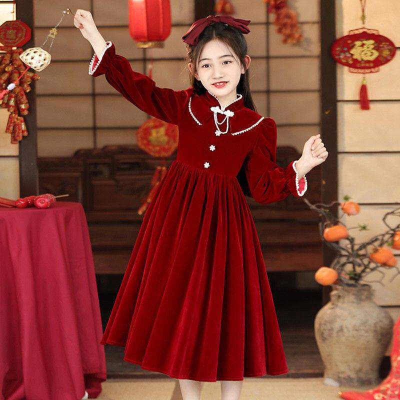 女童秋冬季红色丝绒连衣裙中大童长袖娃娃领公主裙加绒加厚礼服裙