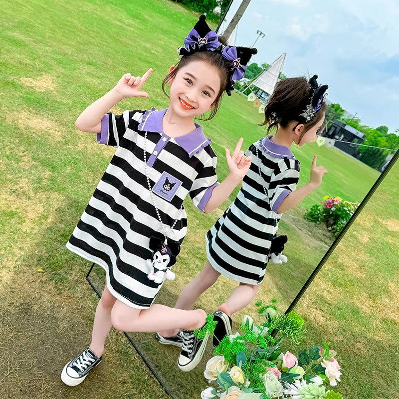 女童库洛米连衣裙2025新款儿童洋气夏装女孩条纹短袖女中大童裙子
