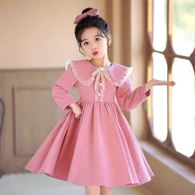 女童加绒连衣裙秋冬款小女孩甜美娃娃领公主裙中小童加厚长袖裙子