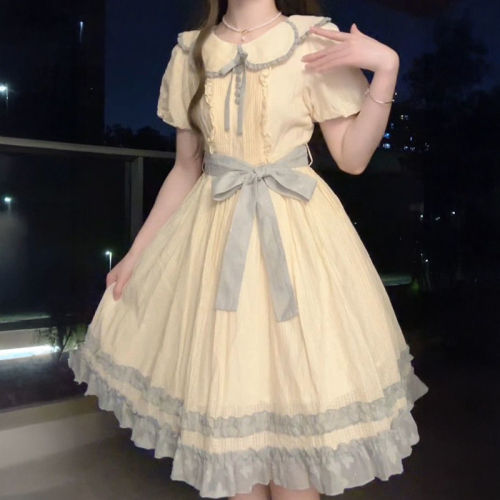 女童大童日系绝美蓬蓬连衣裙法式可爱在逃公主娃娃领收腰小裙子夏
