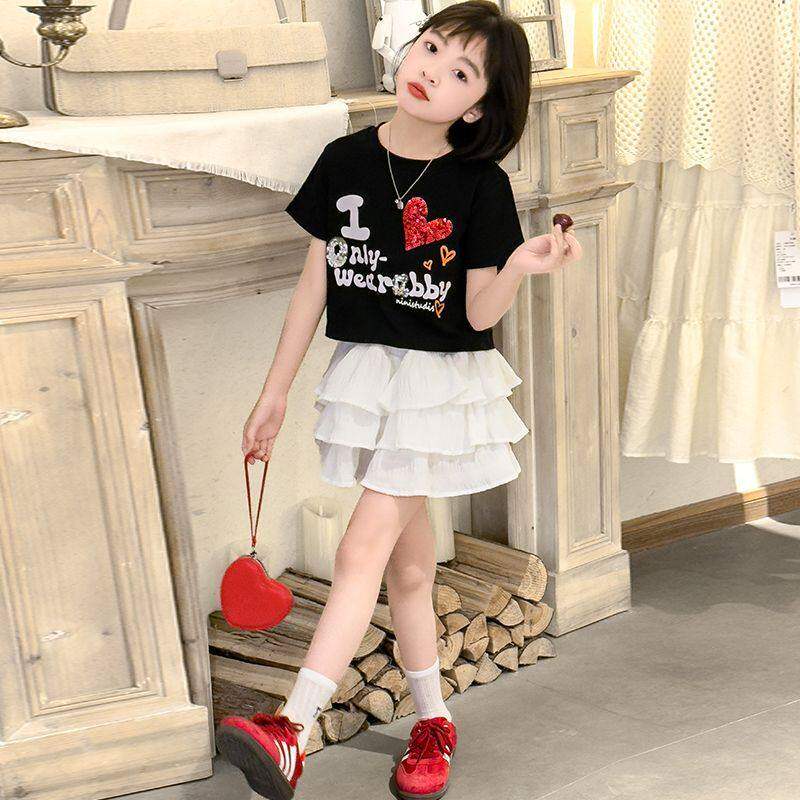女童蛋糕裙套装夏装2025新款儿童短袖公主洋气女孩亮片T恤两件套