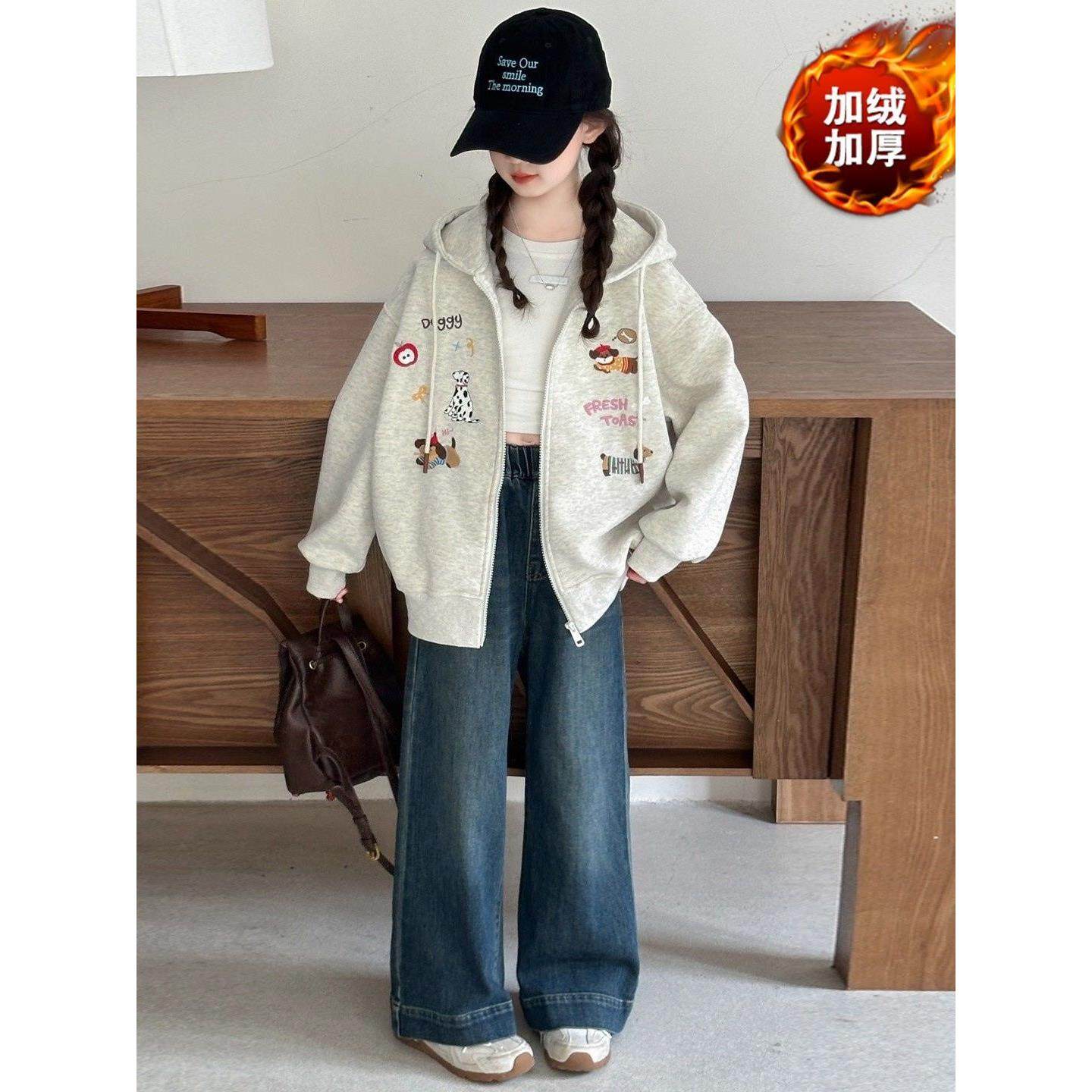 女童秋冬季开衫连帽卫衣儿童重磅普通外套