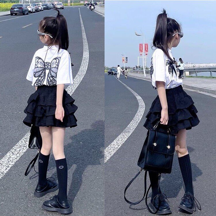 2025夏季新款女童韩版宽松蝴蝶圆领短袖T恤高腰时髦蛋糕裙两件套