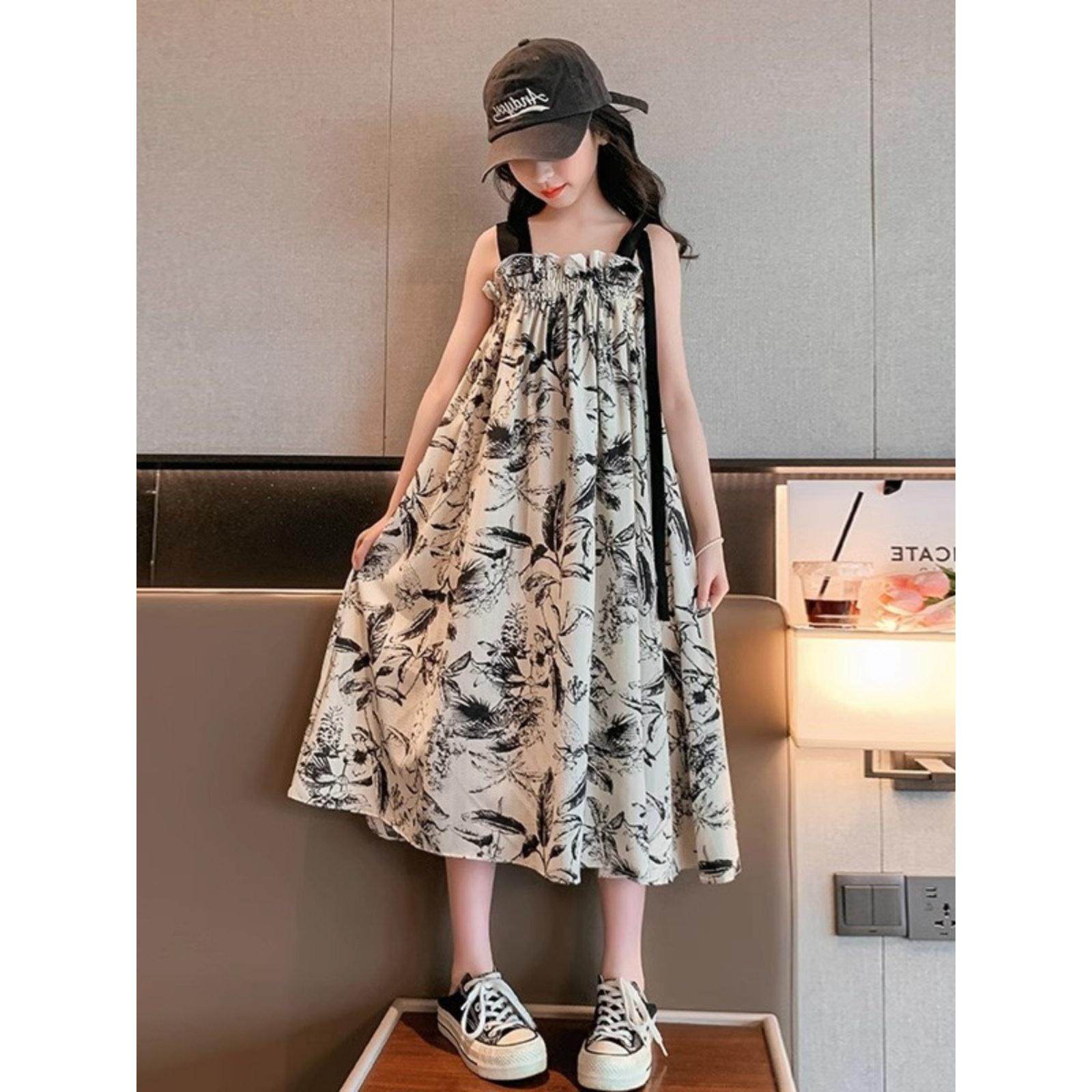 女童连衣裙夏季女孩时髦洋气复古水墨画裙子儿童中大童吊带背心裙,童装/婴儿装/亲子装,连衣裙,淘宝优惠券,粉丝福利购,淘宝优惠卷