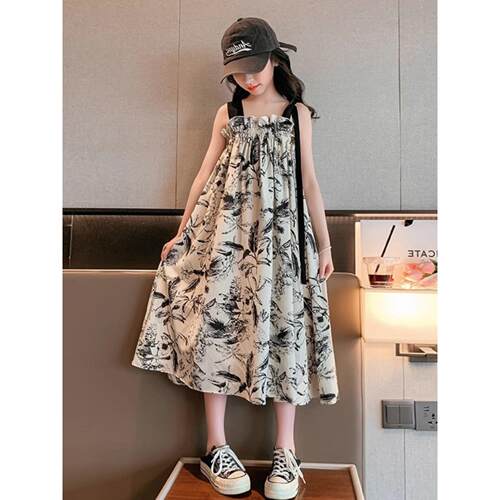 女童连衣裙夏季女孩时髦洋气复古水墨画裙子儿童中大童吊带背心裙