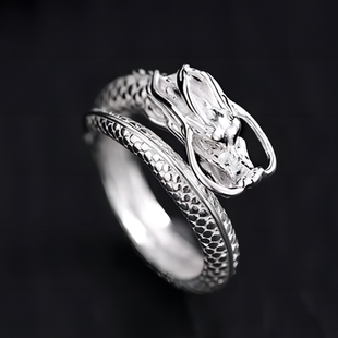 s925纯银盘龙纹龙形素圈戒指男女本命年龙年立体龙头开口食指环男